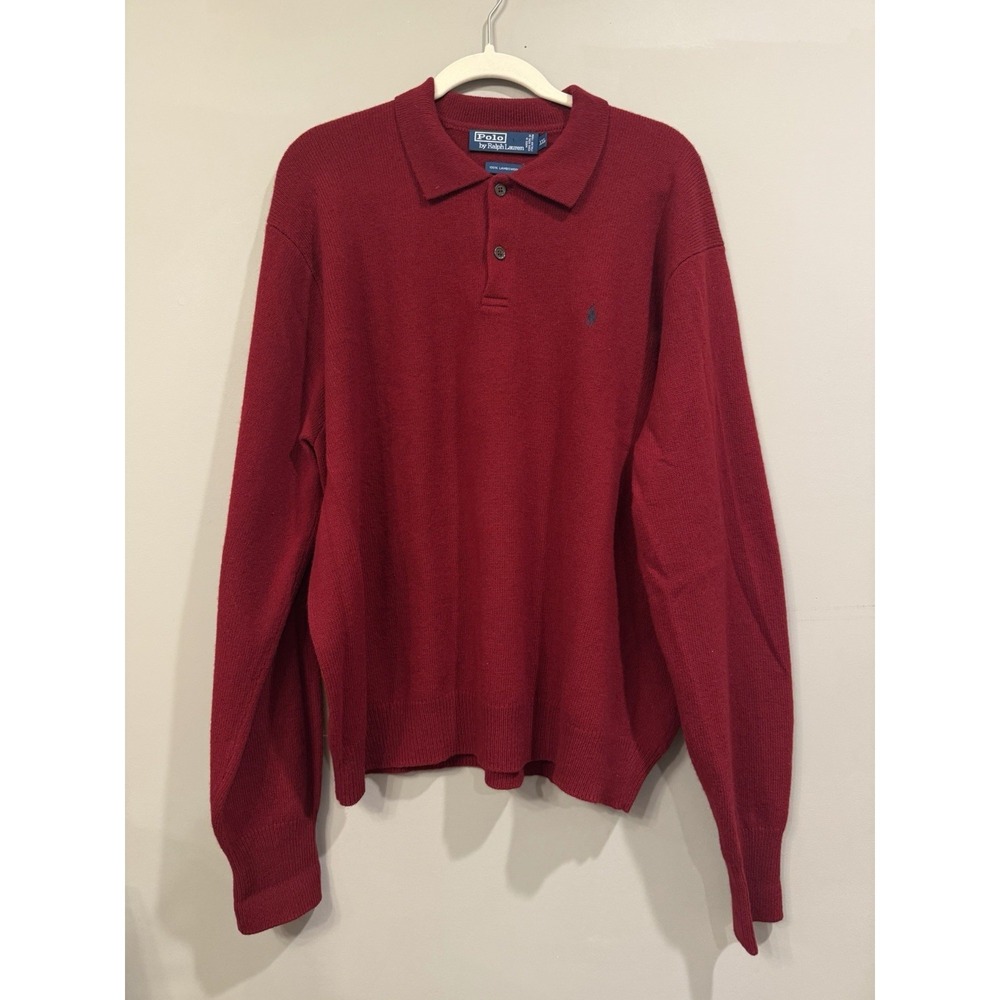 VTG Polo Ralph Lauren Men's Red 100% Lambswool 1/4 Polo Shirt Long Sleeve XXL